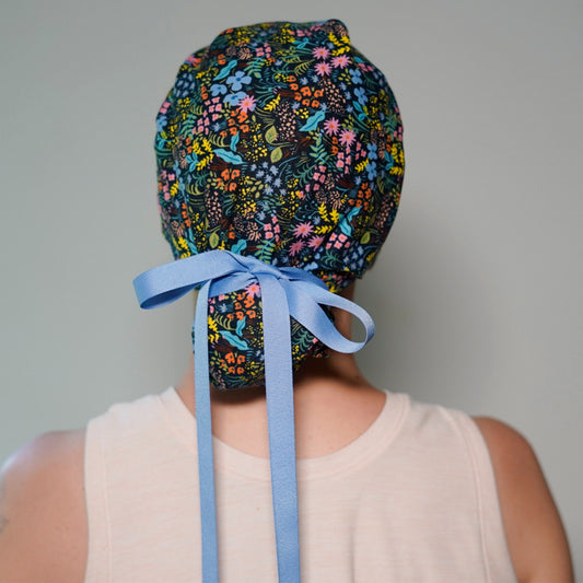 Rifle Paper Co floral ponytail scrub hat, Rifle navy meadow scrub cap, Bonnet Head Designs