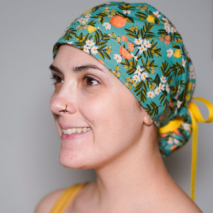 Teal citrus floral ponytail scrub hat, citrus floral scrub cap, Bonnet Head Designs