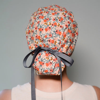 Rosa Peach floral women's ponytail scrub hat, Bonnet Head Designs