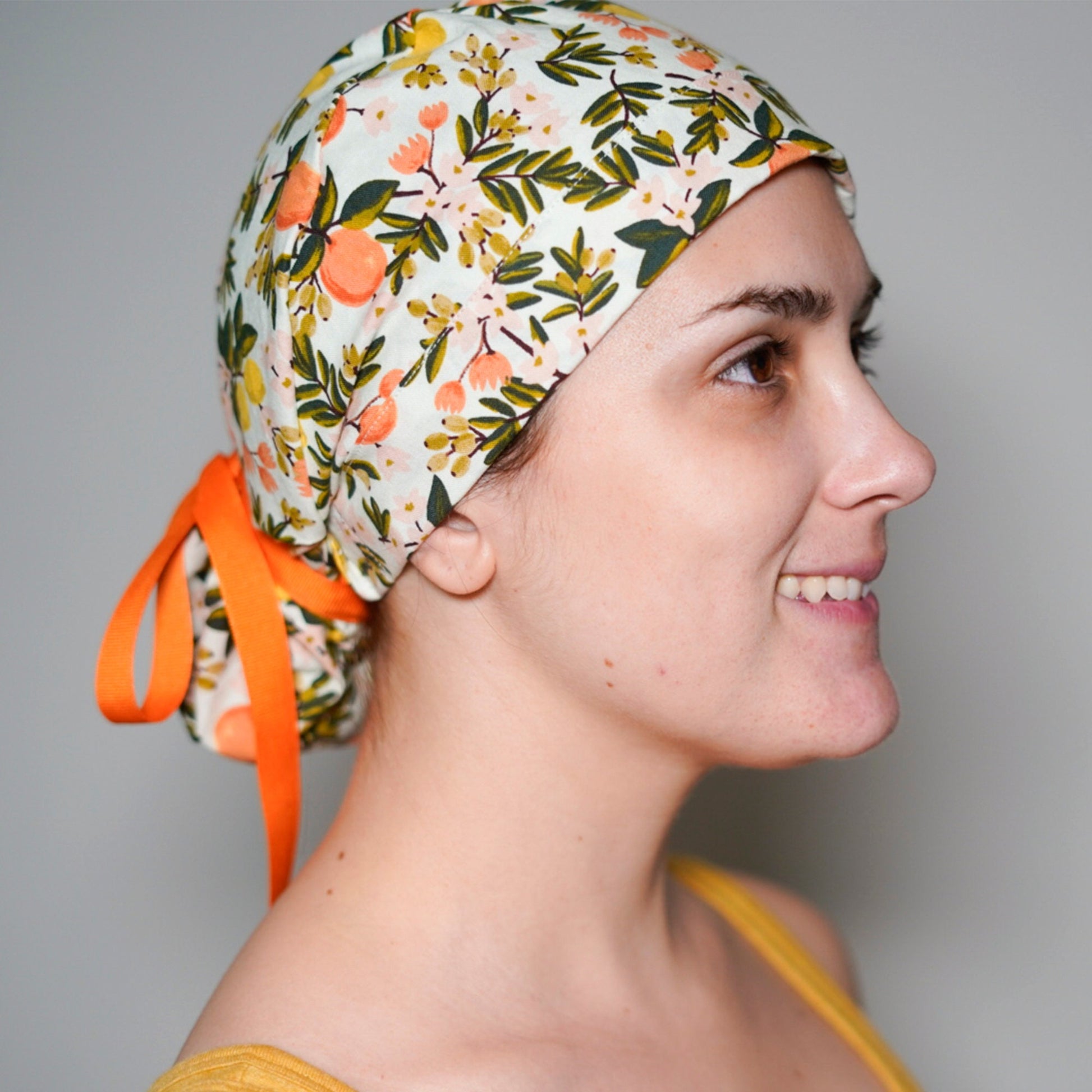 Fall citrus floral fabric ponytail scrub hat, citrus floral scrub cap, Bonnet Head Designs