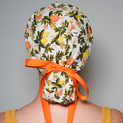 Fall citrus floral fabric ponytail scrub hat, citrus floral scrub cap, Bonnet Head Designs