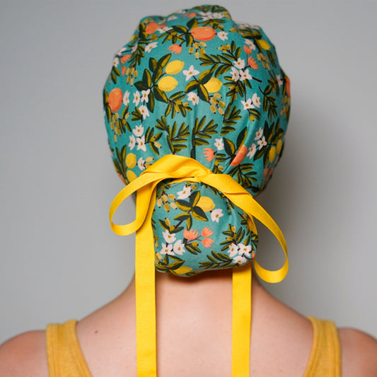 Teal citrus floral ponytail scrub hat, citrus floral scrub cap, Bonnet Head Designs