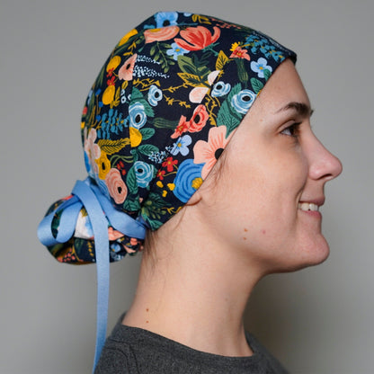 Navy garden party ponytail scrub cap with satin lining option, Bonnet Head Designs