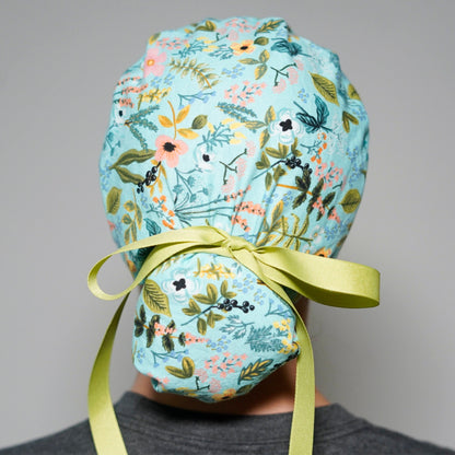 Rifle Paper Co. teal floral ponytail scrub hat, Amalfi herb garden scrub cap, Bonnet Head Designs