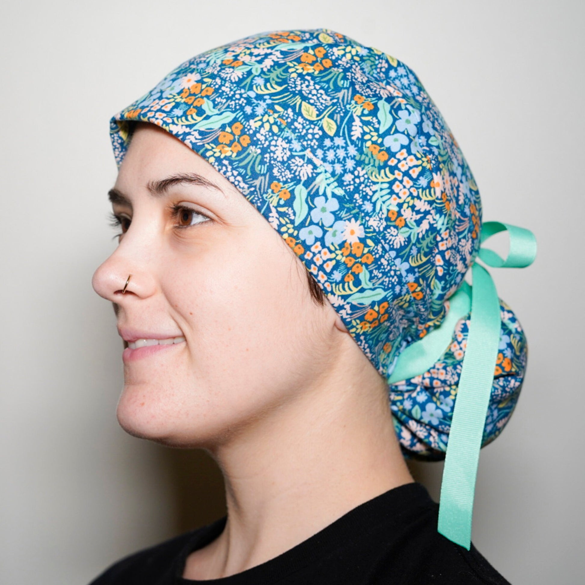 Blue meadow floral scrub cap, Bonnet Head Designs