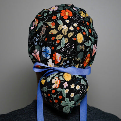 Strawberry fields scrub hat, black floral scrub hat, floral ponytail scrub cap, Bonnet Head Designs