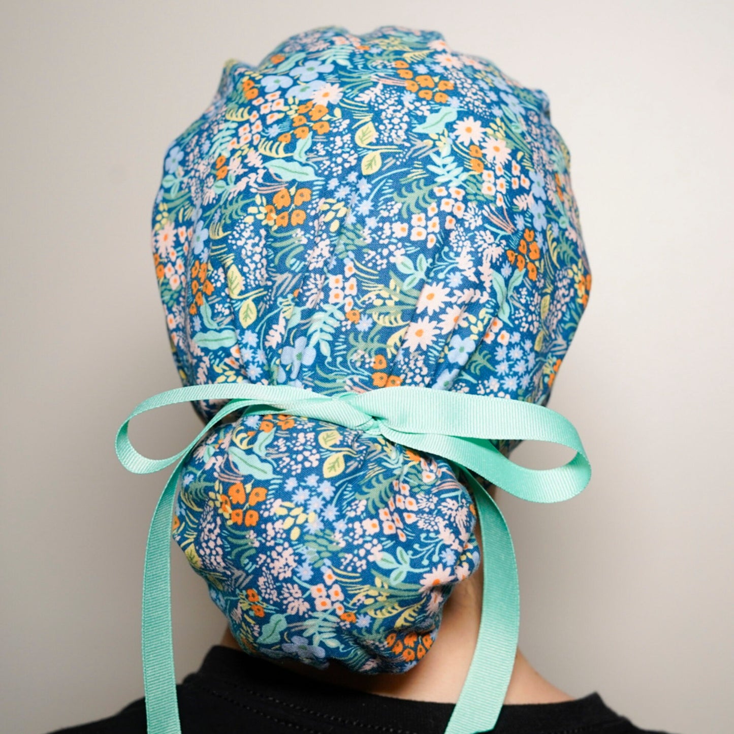 Blue meadow floral scrub cap, Bonnet Head Designs