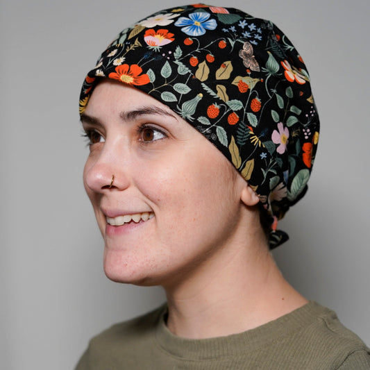 Rifle Paper fabric floral women’s scrub cap, black floral scrub hat, strawberry fields scrub hat, Bonnet Head Designs