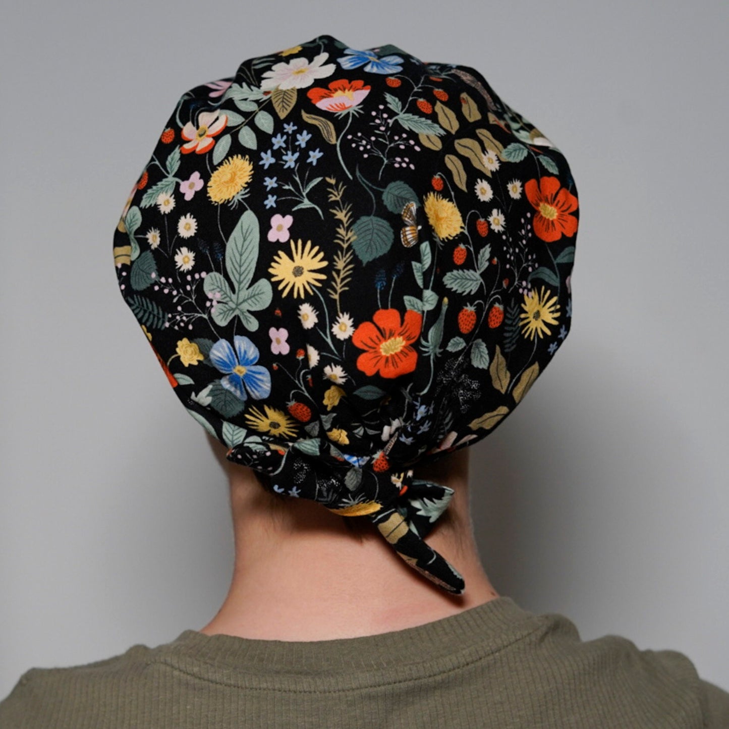 Rifle Paper fabric floral women’s scrub cap, black floral scrub hat, strawberry fields scrub hat, Bonnet Head Designs