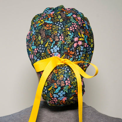 Navy meadow floral ponytail scrub hat, navy floral scrub cap, Bonnet Head Designs