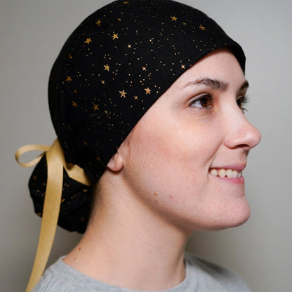 black and gold star scrub hat, black star scrub cap, surgical cap stars, Bonnet Head Designs