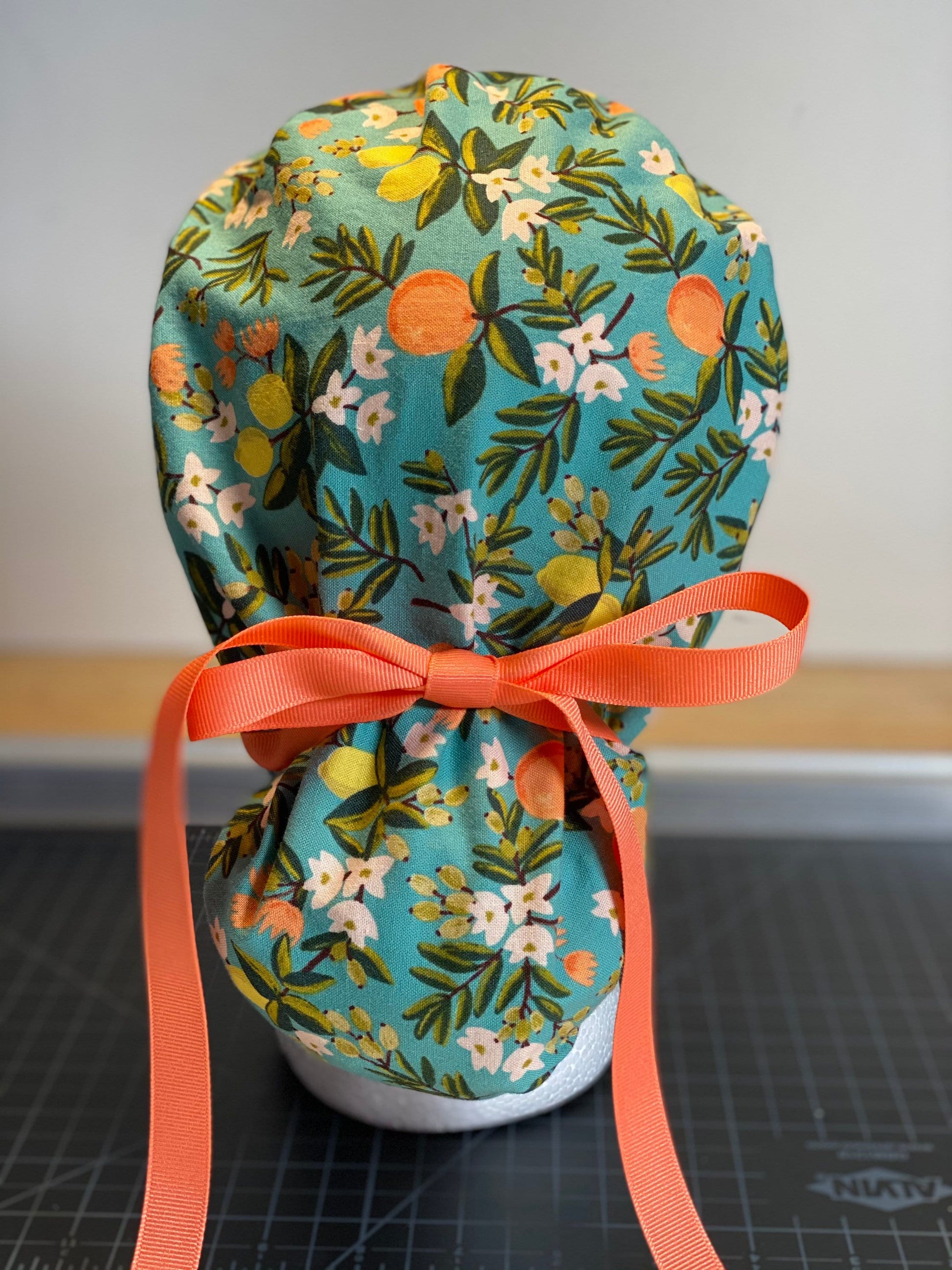 Teal citrus floral ponytail scrub hat, citrus floral scrub cap, Bonnet Head Designs