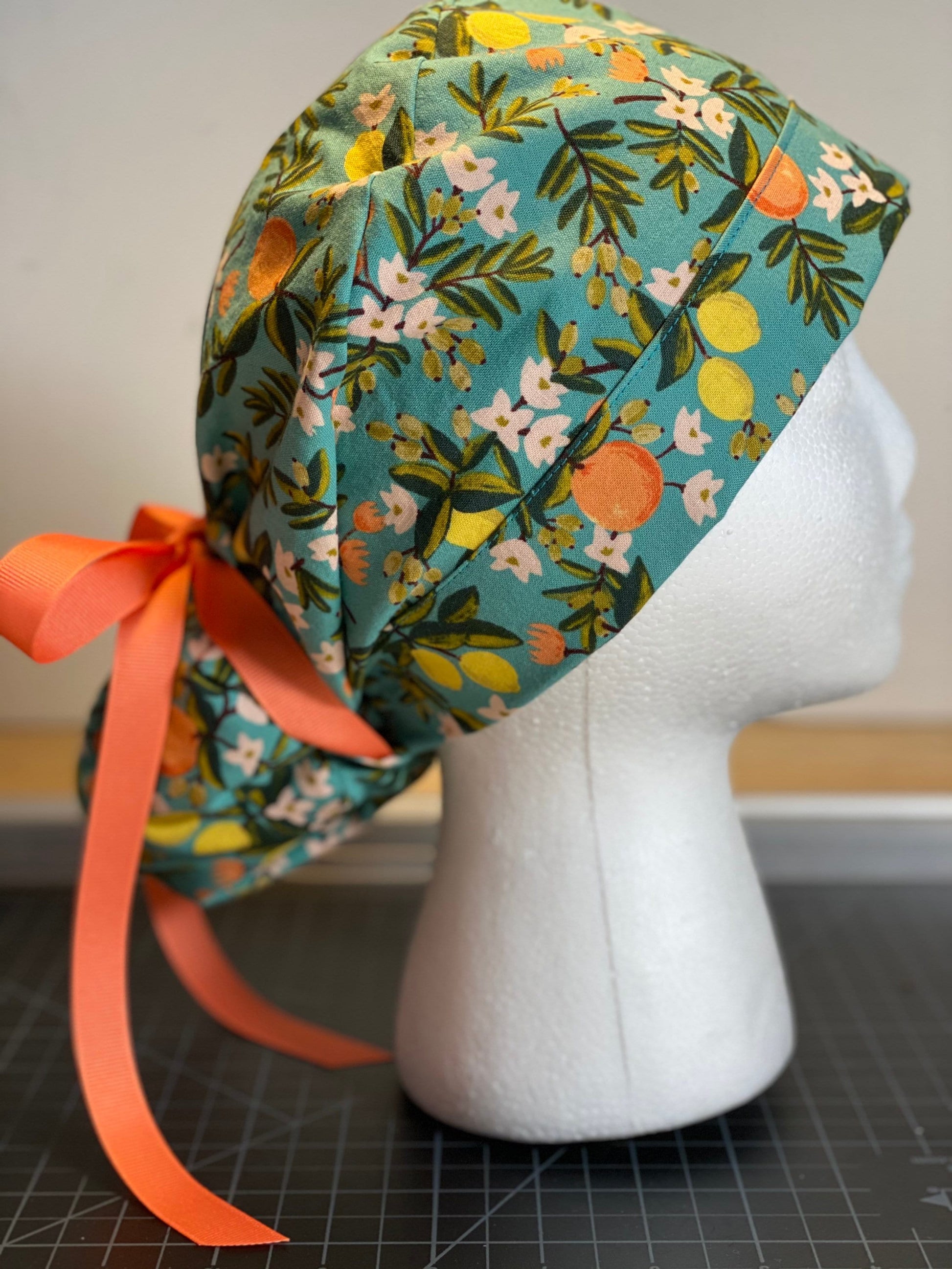 Teal citrus floral ponytail scrub hat, citrus floral scrub cap, Bonnet Head Designs