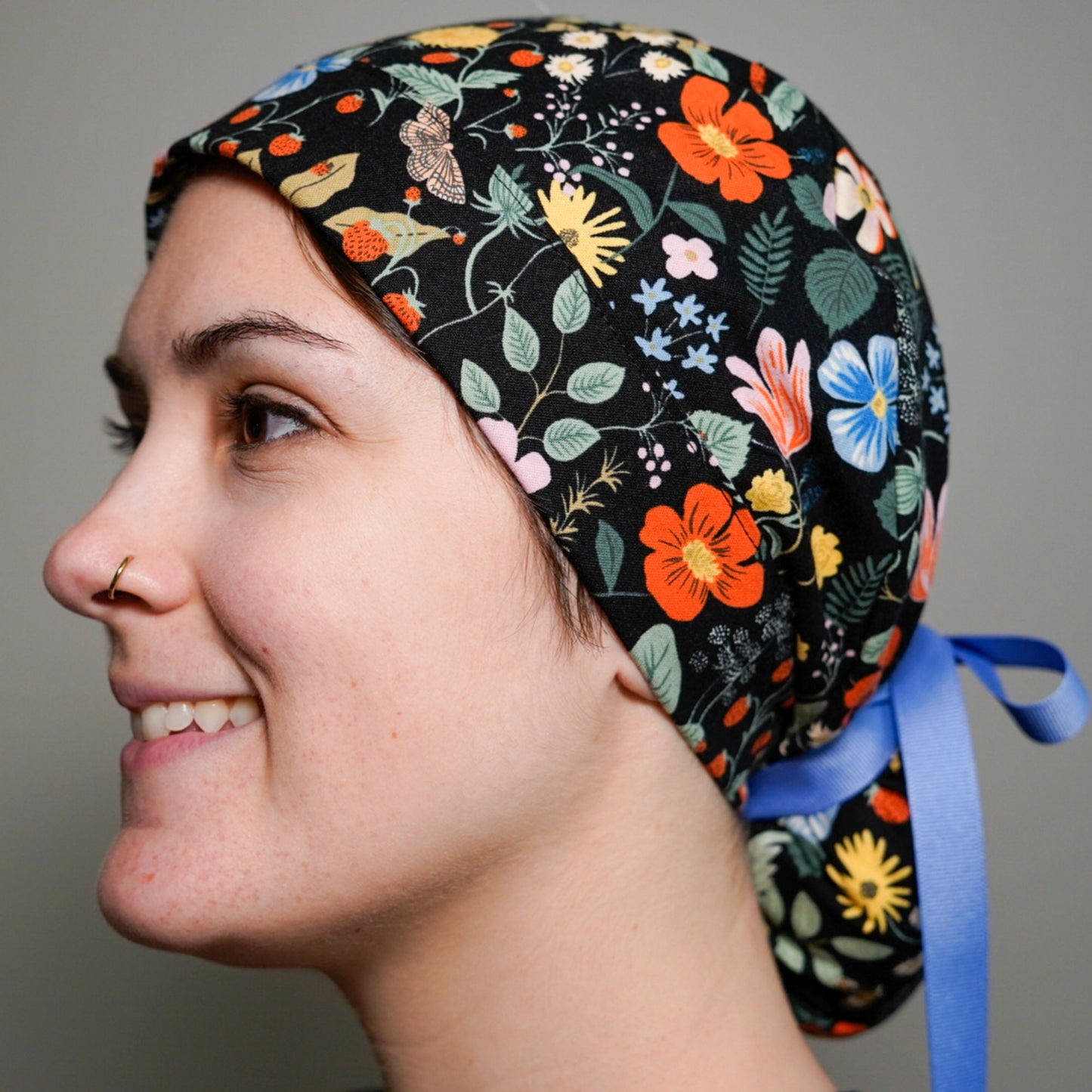 Strawberry fields scrub hat, black floral scrub hat, floral ponytail scrub cap, Bonnet Head Designs