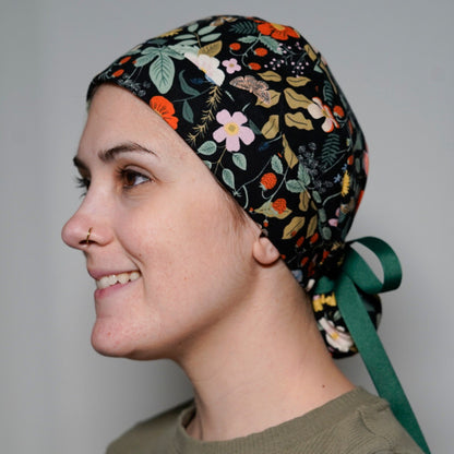 Black strawberry fields floral scrub hat, black floral scrub cap, strawberry fields ponytail scrub cap, Bonnet Head Designs