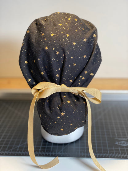 black and gold star scrub hat, black star scrub cap, surgical cap stars, Bonnet Head Designs