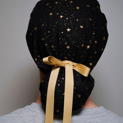 black and gold star scrub hat, black star scrub cap, surgical cap stars, Bonnet Head Designs