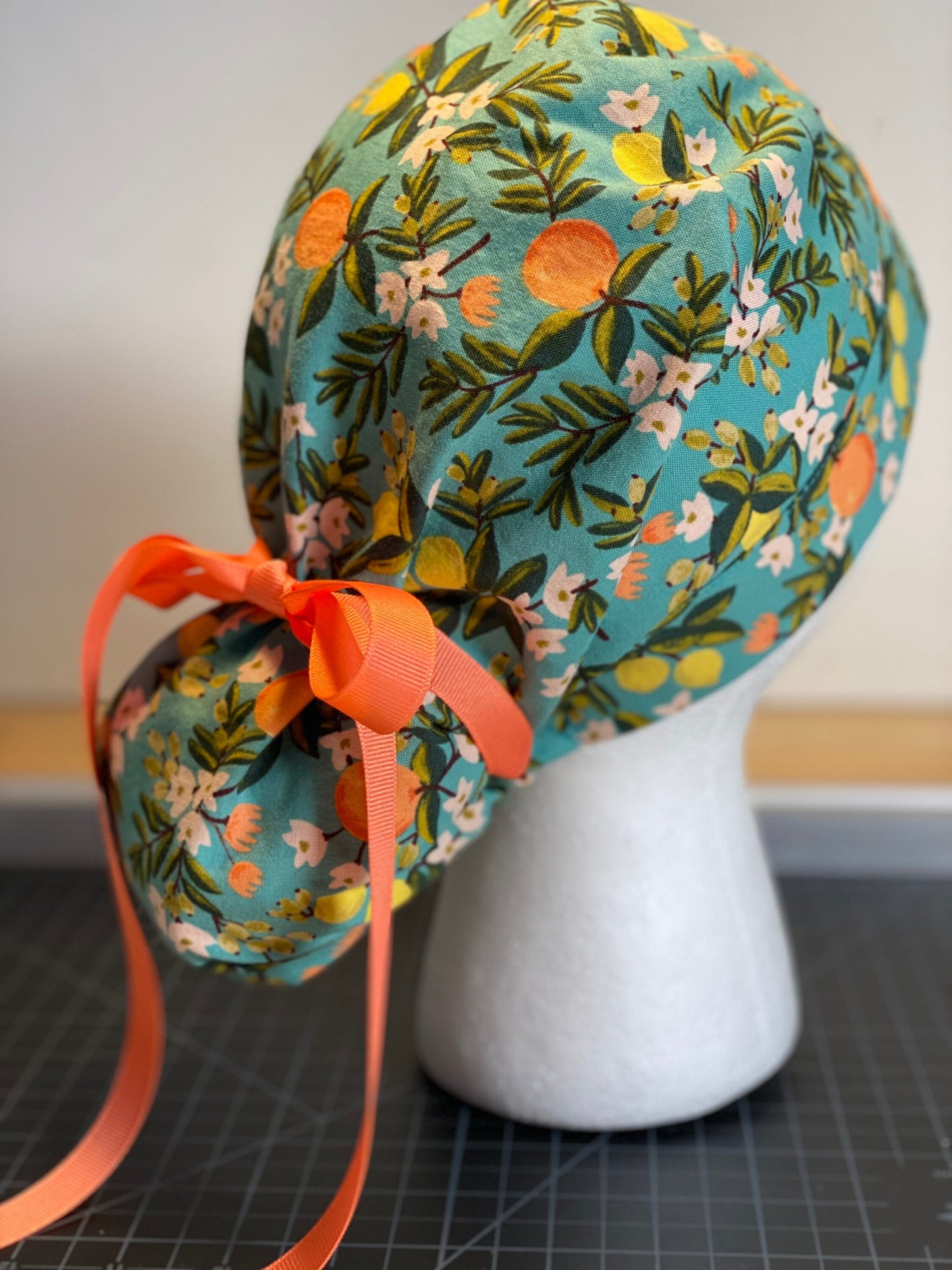 Teal citrus floral ponytail scrub hat, citrus floral scrub cap, Bonnet Head Designs