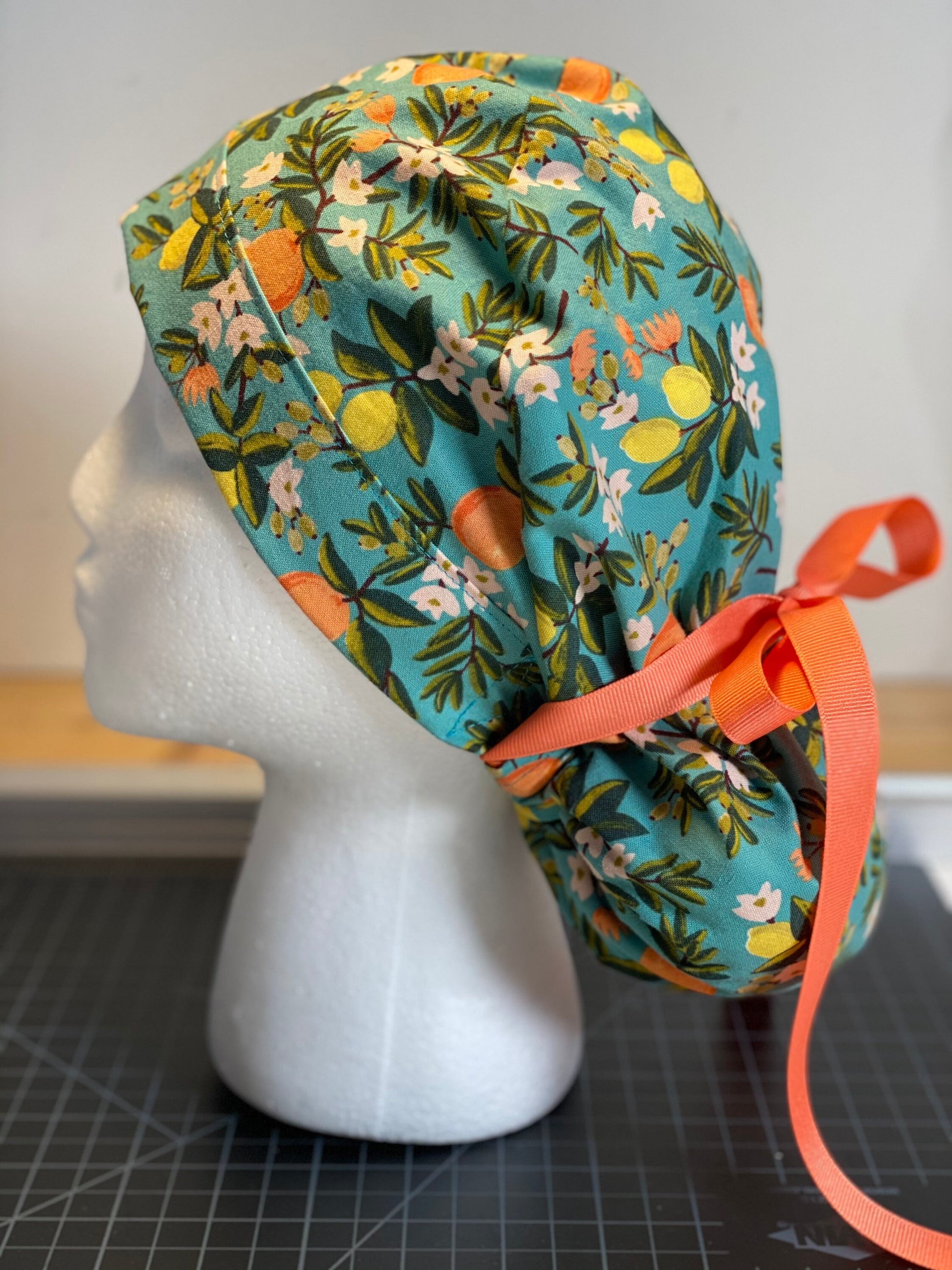 Teal citrus floral ponytail scrub hat, citrus floral scrub cap, Bonnet Head Designs