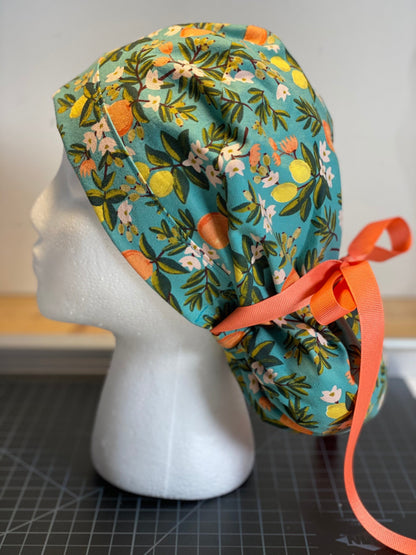 Teal citrus floral ponytail scrub hat, citrus floral scrub cap, Bonnet Head Designs