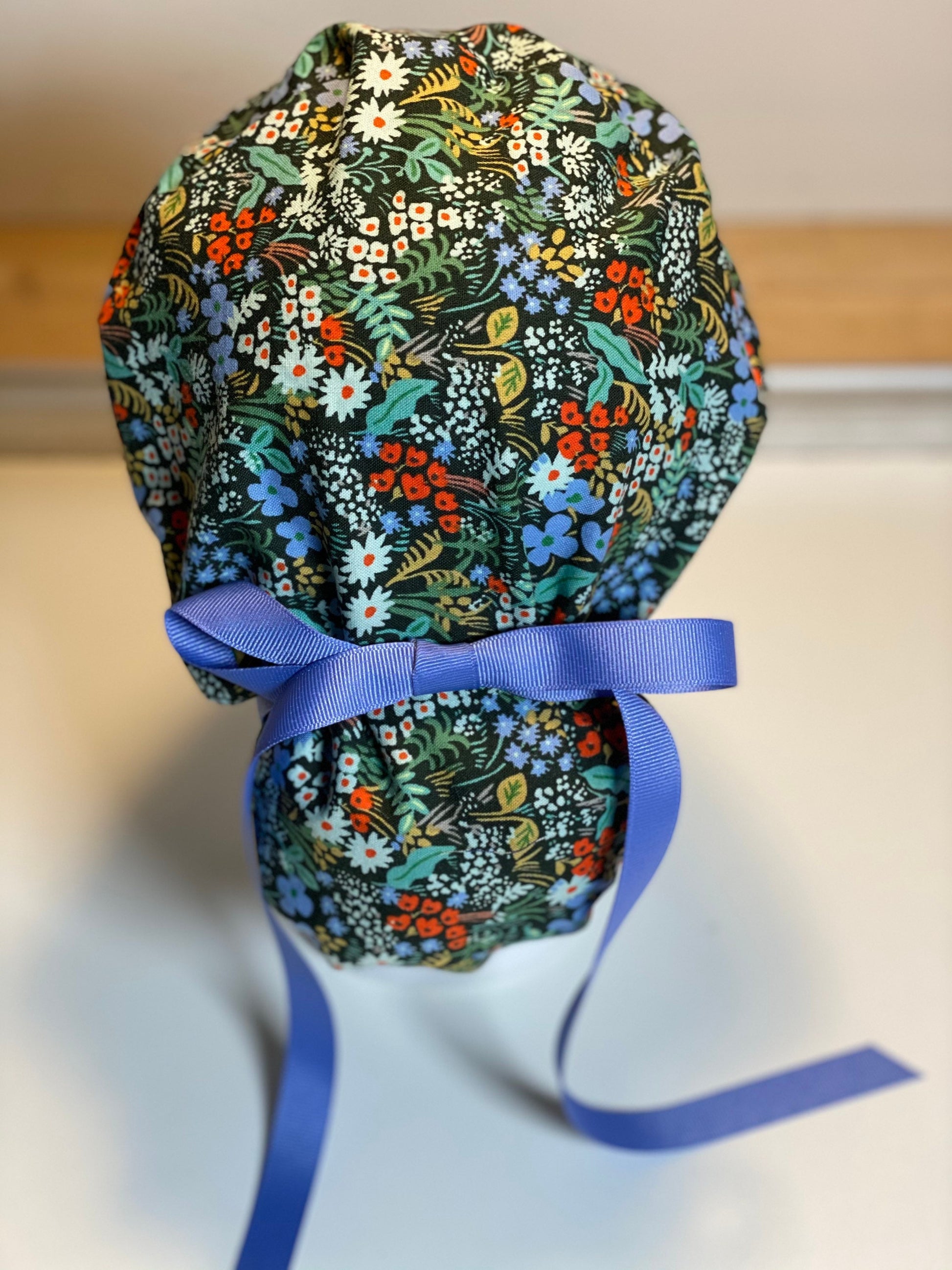 Meadow in hunter ponytail scrub hat, Rifle green meadow scrub cap, Bonnet Head Designs