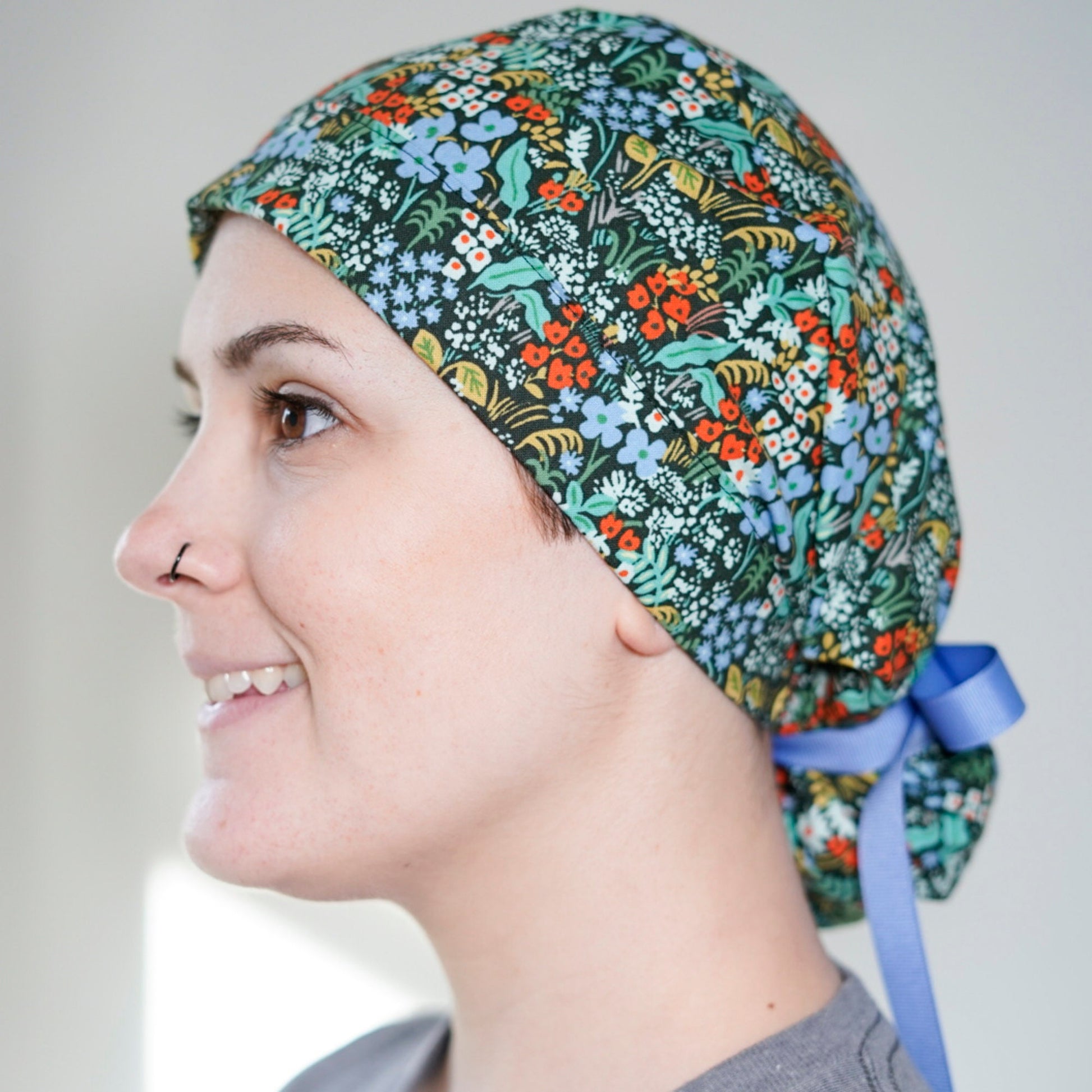 Meadow in hunter ponytail scrub hat, Rifle green meadow scrub cap, Bonnet Head Designs