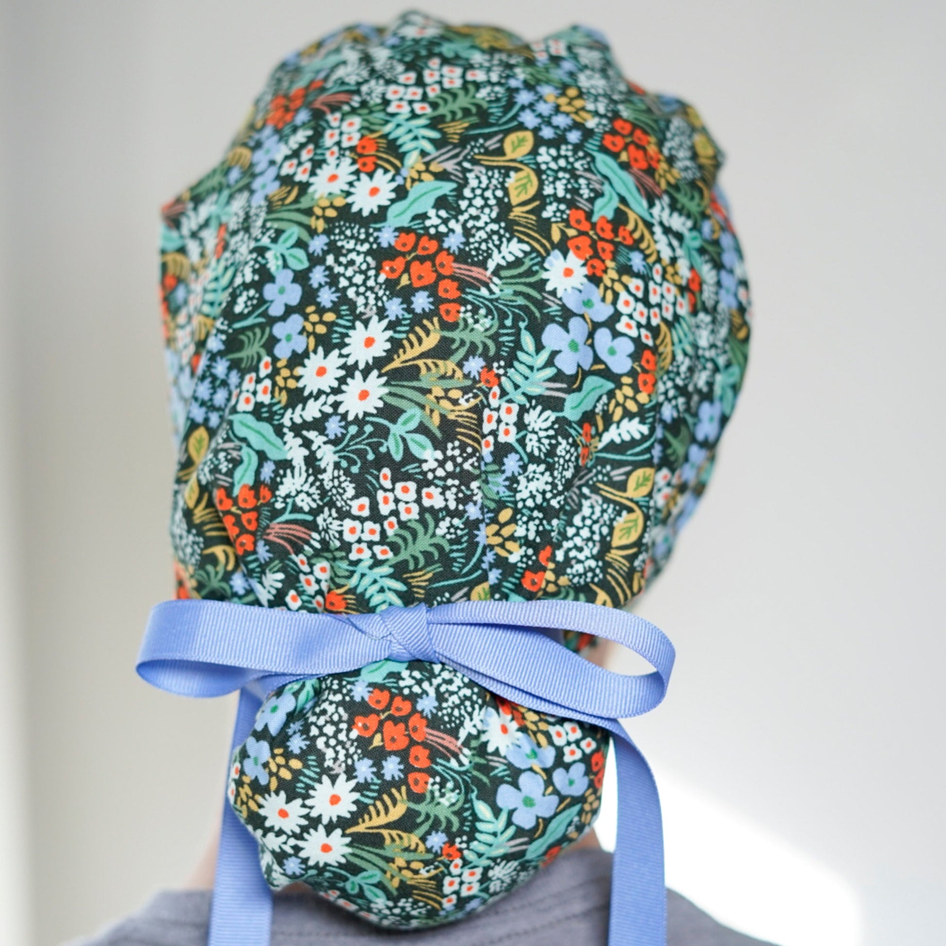 Meadow in hunter ponytail scrub hat, Rifle green meadow scrub cap, Bonnet Head Designs