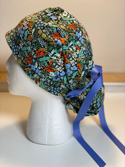 Meadow in hunter ponytail scrub hat, Rifle green meadow scrub cap, Bonnet Head Designs