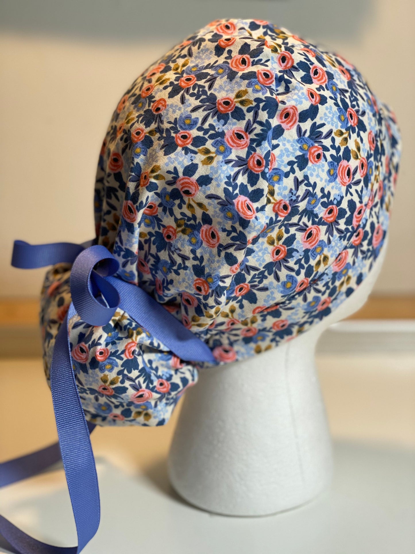 Blue and pink rosa periwinkle scrub hat, periwinkle blue floral women’s scrub hat, Bonnet Head Designs