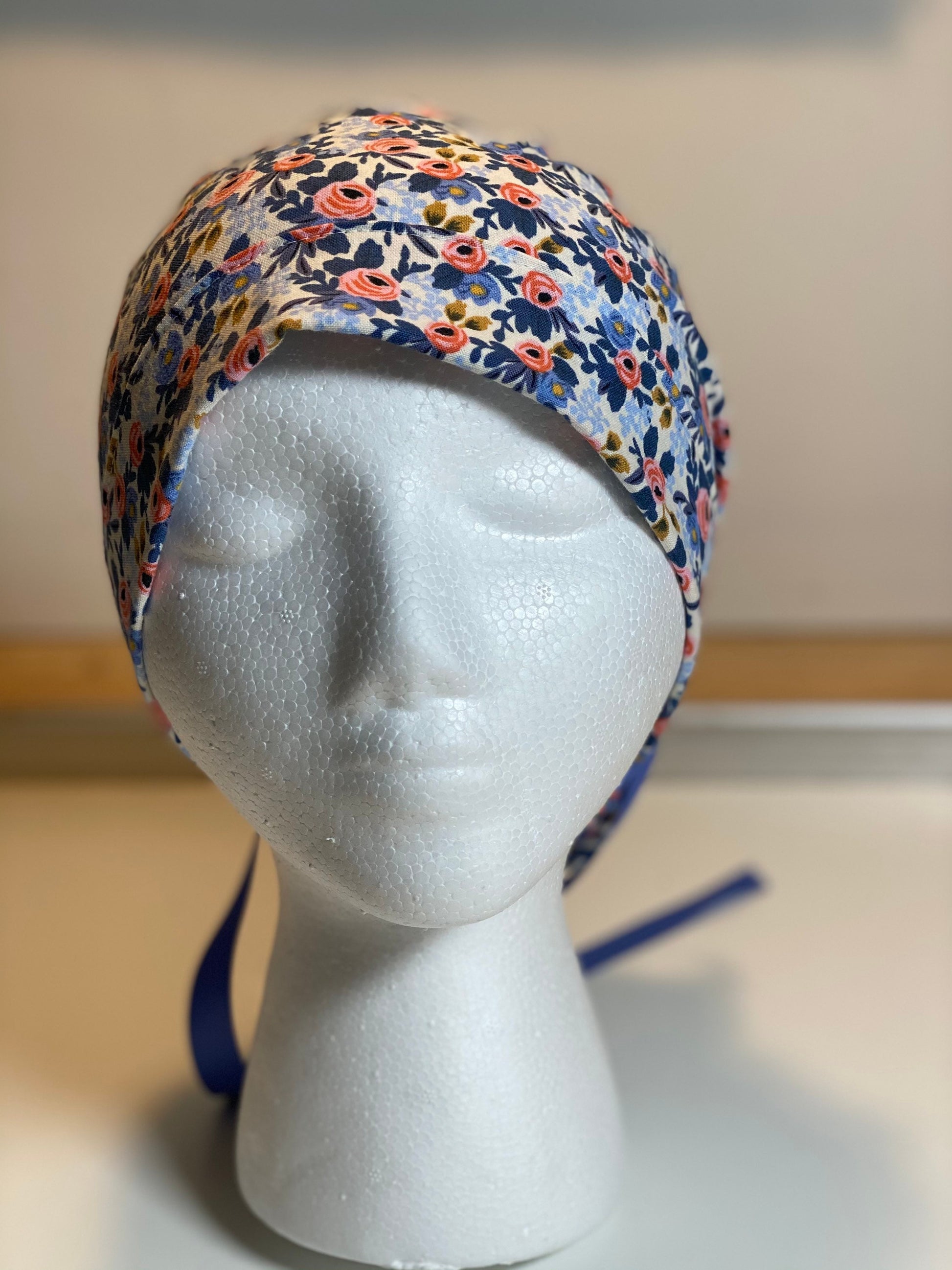 Blue and pink rosa periwinkle scrub hat, periwinkle blue floral women’s scrub hat, Bonnet Head Designs