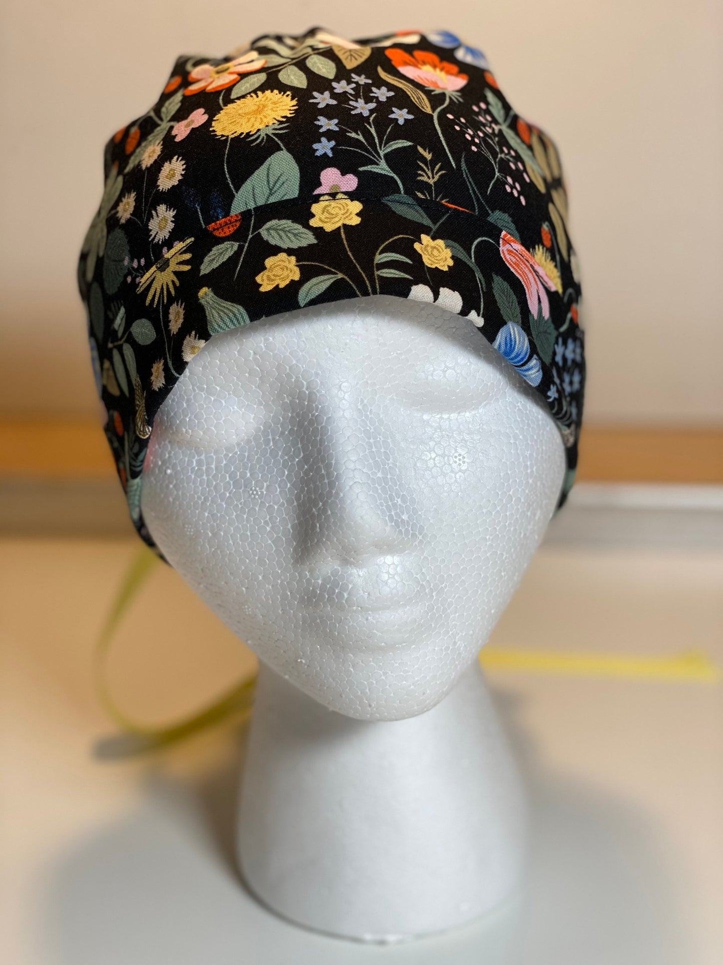 Black strawberry fields ponytail scrub hat, black floral surgical cap, Bonnet Head Designs