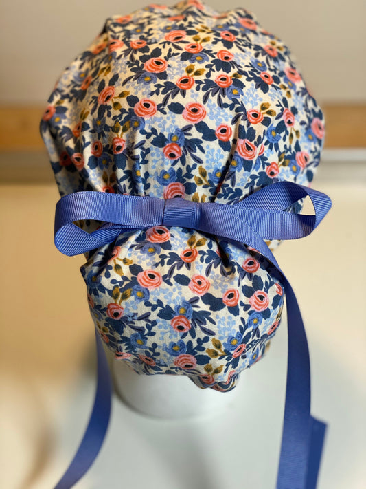 Blue and pink rosa periwinkle scrub hat, periwinkle blue floral women’s scrub hat, Bonnet Head Designs