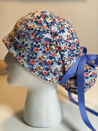 Blue and pink rosa periwinkle scrub hat, periwinkle blue floral women’s scrub hat, Bonnet Head Designs