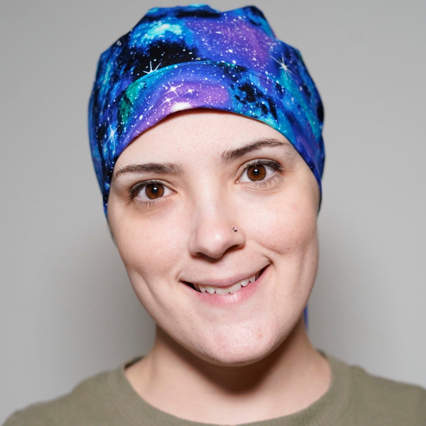 Galaxy Space Print Scrub Cap with Ponytail Pouch, Handmade Cotton