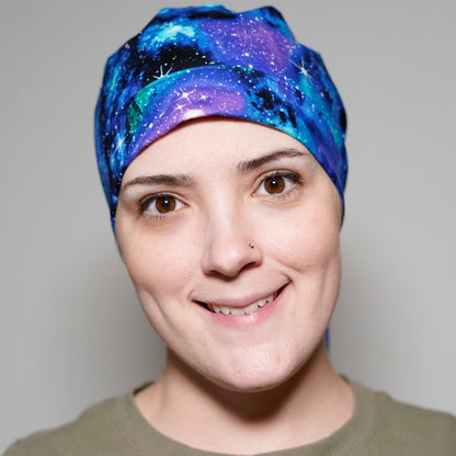 Galaxy Space Print Scrub Cap with Ponytail Pouch, Handmade Cotton