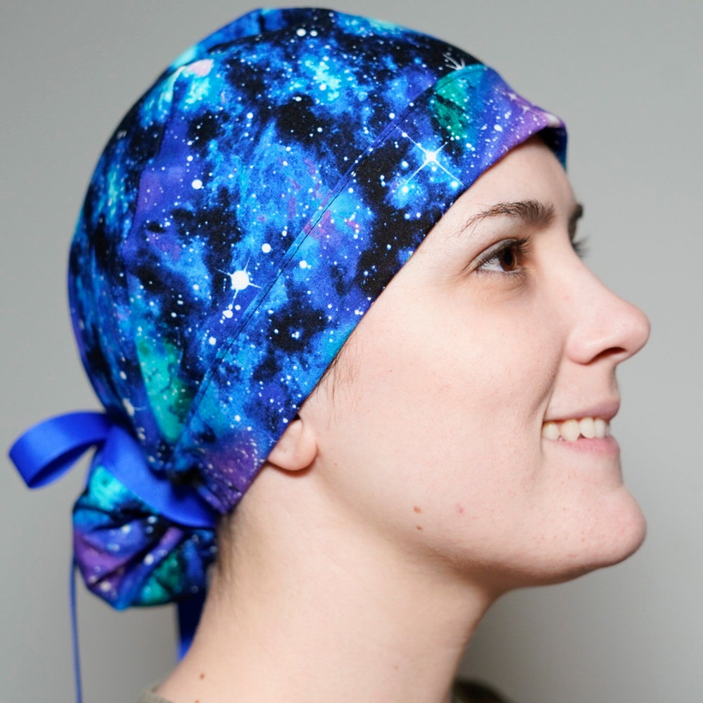 Galaxy Space Print Scrub Cap with Ponytail Pouch, Handmade Cotton