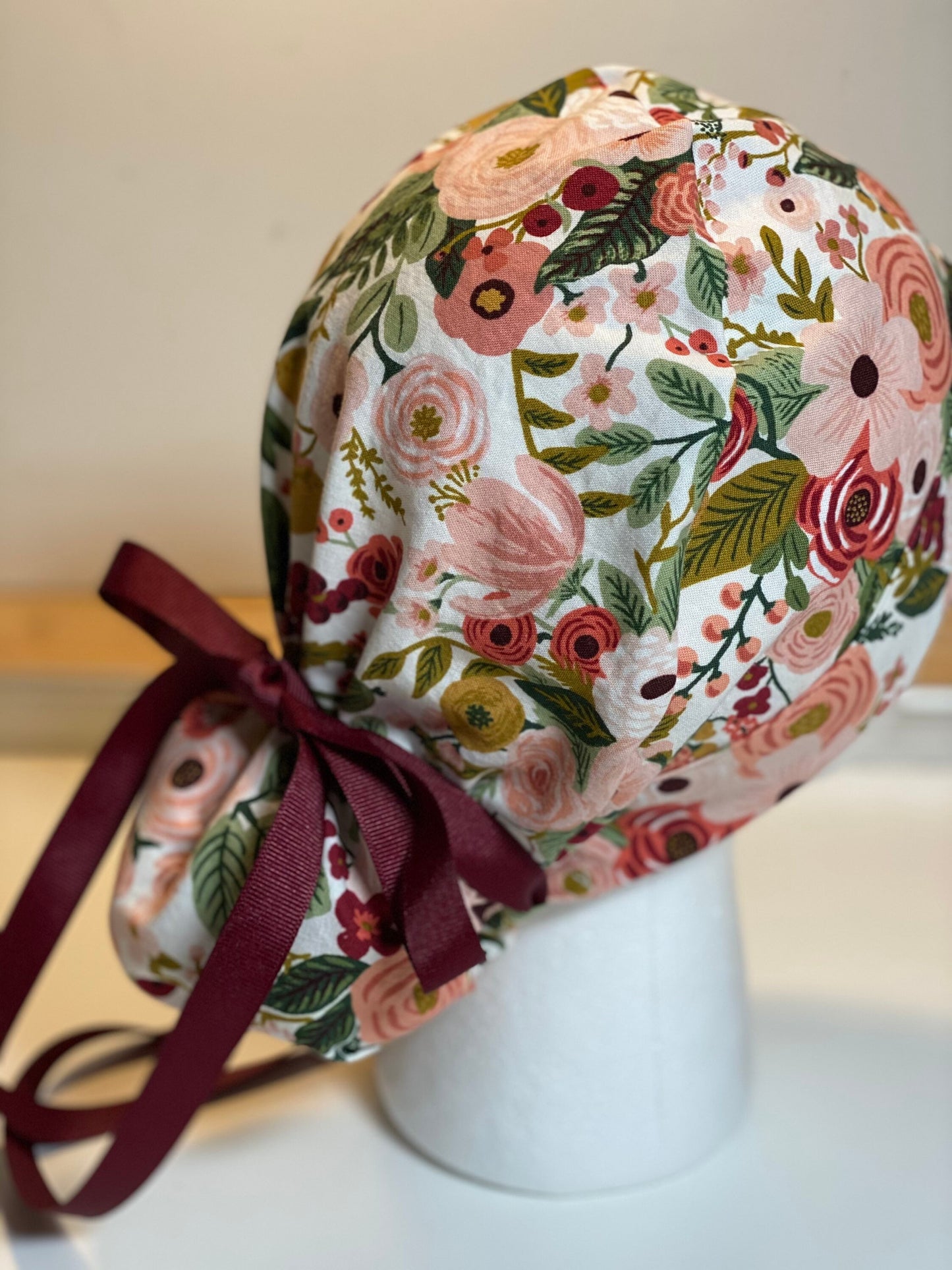 Pink garden party fabric scrub hat, pink garden party ponytail cap, blush pink floral scrub hat Bonnet Head Designs