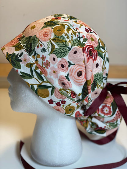 Pink garden party fabric scrub hat, pink garden party ponytail cap, blush pink floral scrub hat Bonnet Head Designs