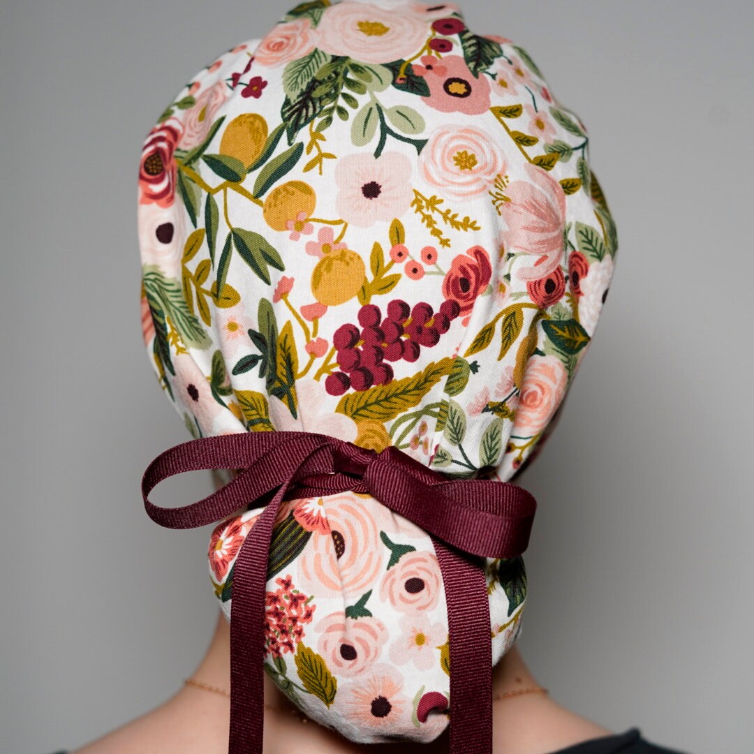 Pink garden party fabric scrub hat, pink garden party ponytail cap, blush pink floral scrub hat Bonnet Head Designs