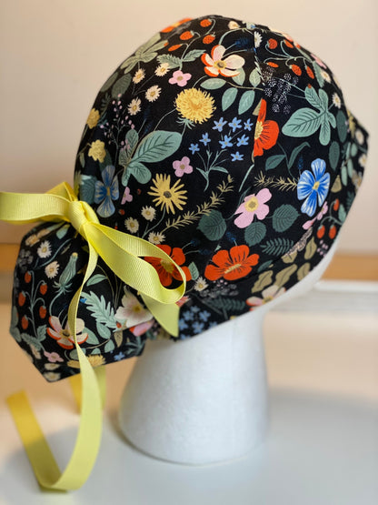 Black strawberry fields ponytail scrub hat, black floral surgical cap, Bonnet Head Designs