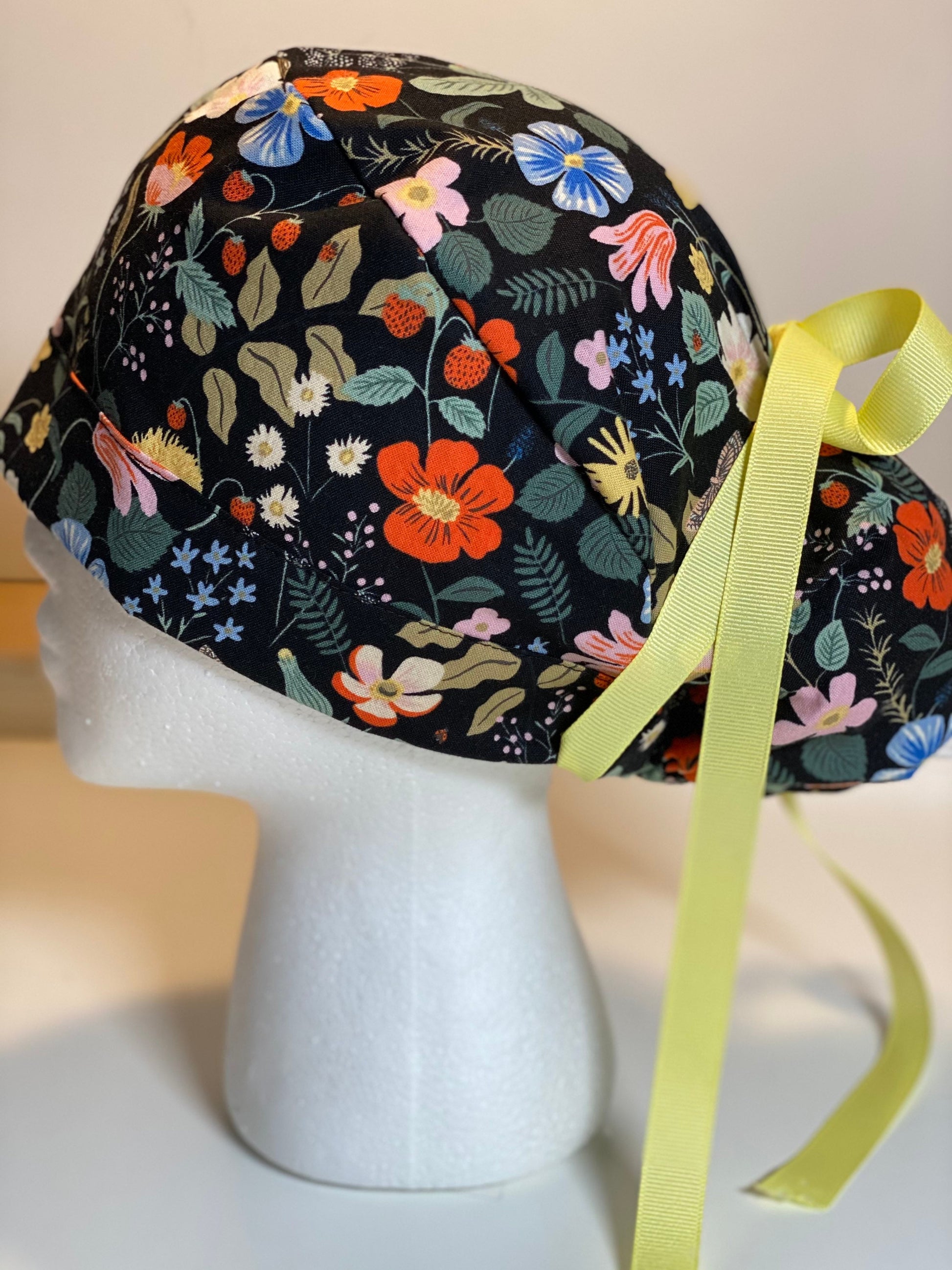 Black strawberry fields ponytail scrub hat, black floral surgical cap, Bonnet Head Designs