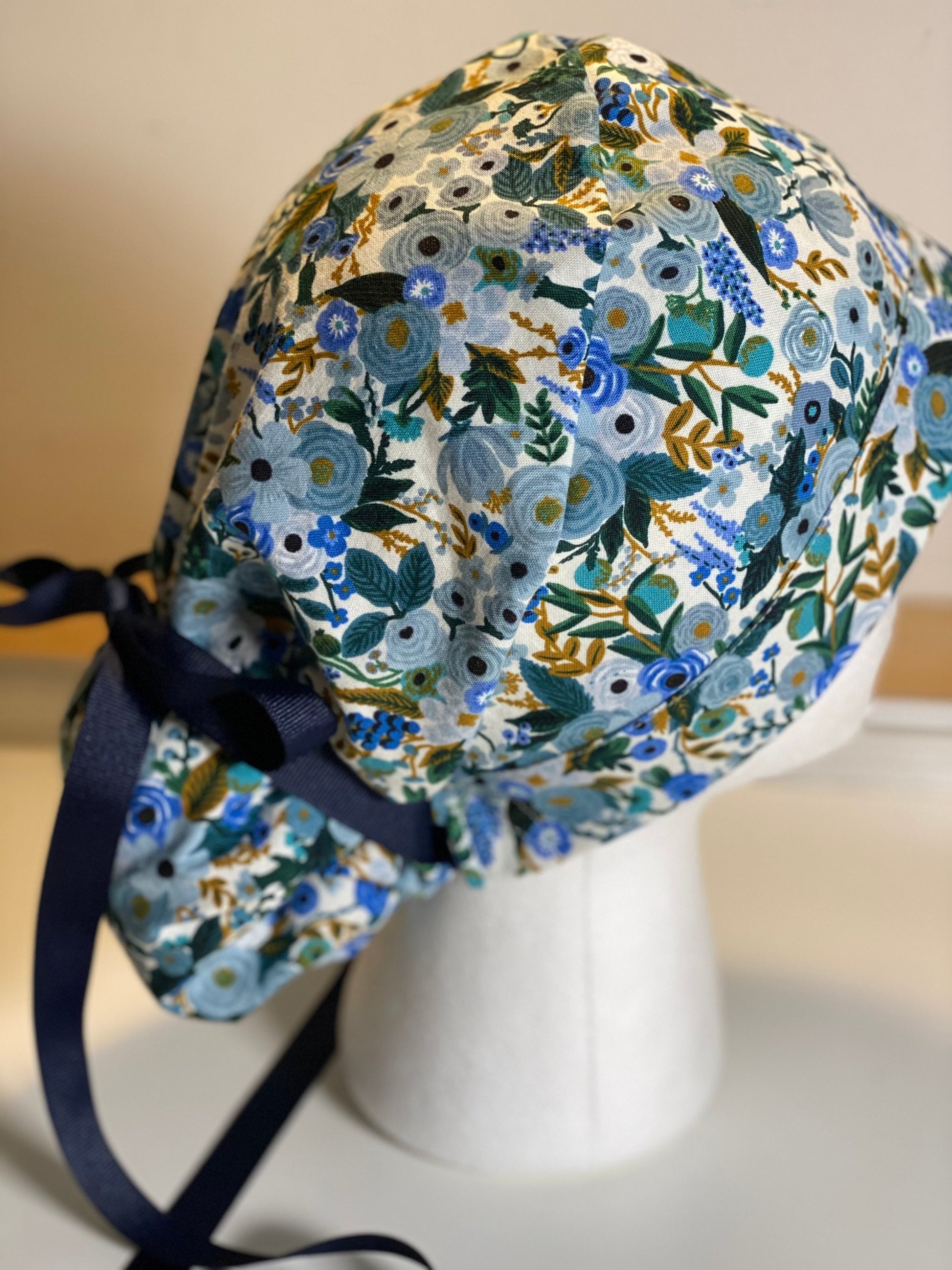 Rifle paper fabric ponytail scrub hat, petite garden party blue surgical cap, Bonnet Head Designs