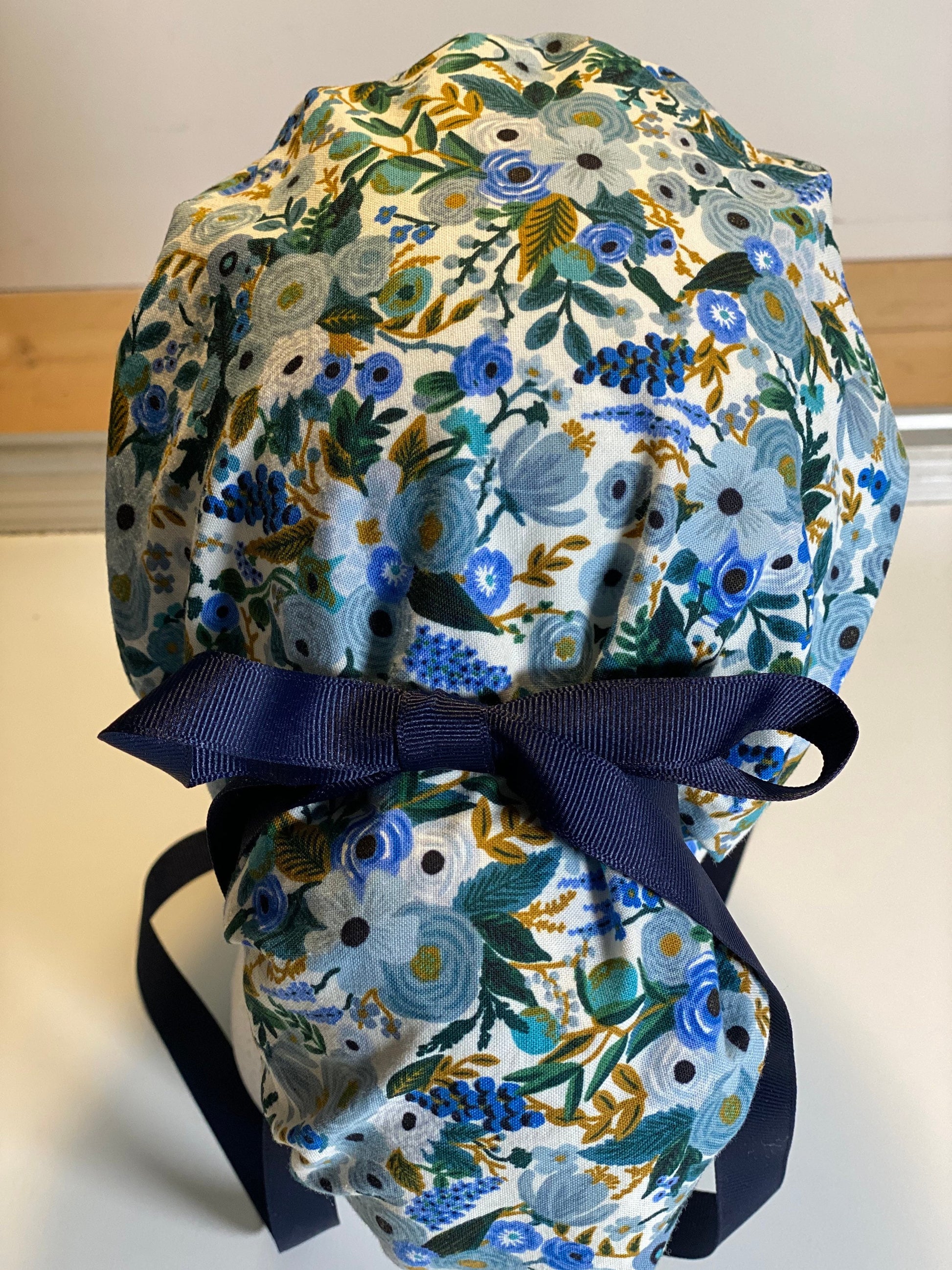 Rifle paper fabric ponytail scrub hat, petite garden party blue surgical cap, Bonnet Head Designs