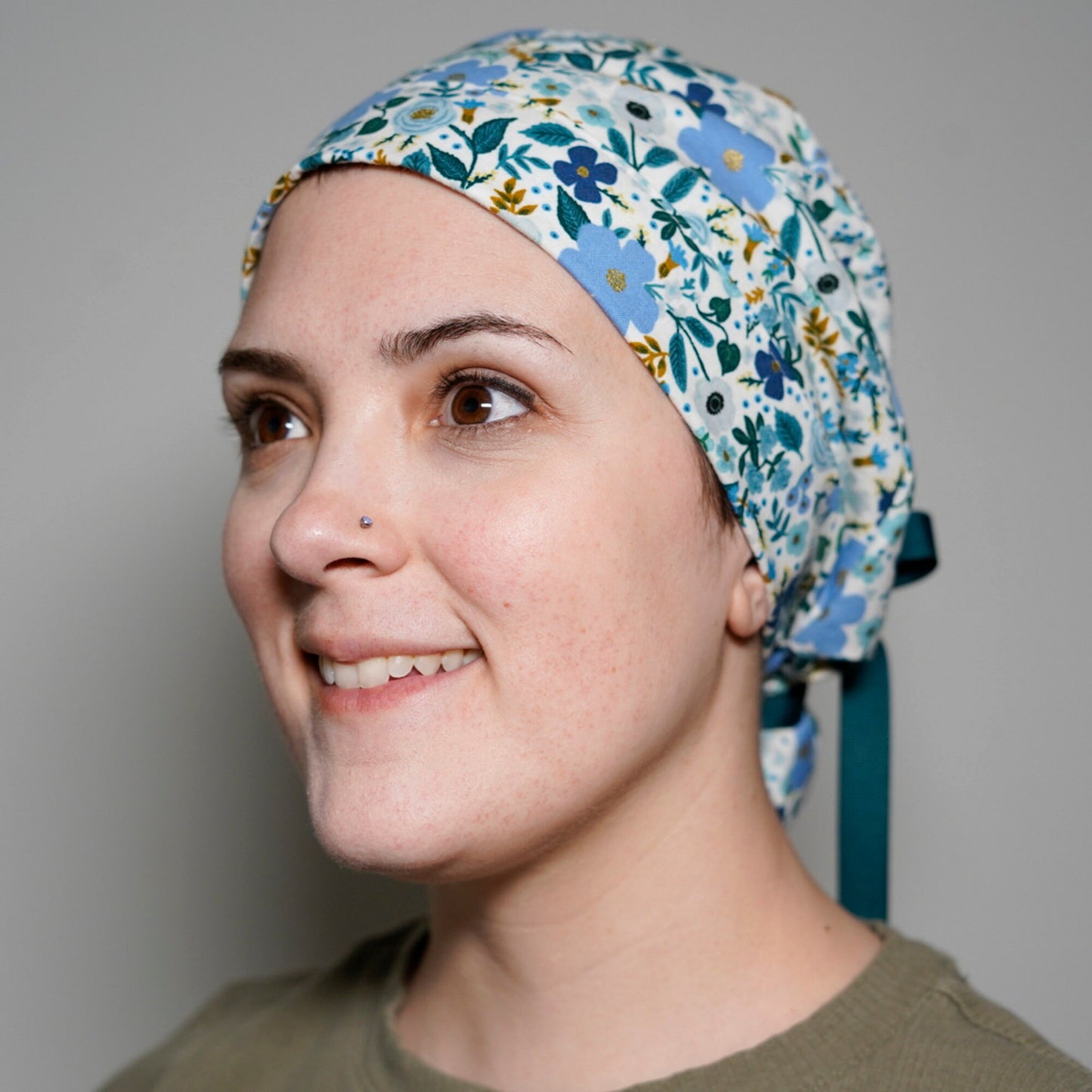 Rifle Paper fabric Wild rose blue scrub hat, blue wild rose ponytail scrub hat, Bonnet Head Designs