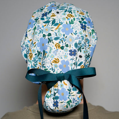 Rifle Paper fabric Wild rose blue scrub hat, blue wild rose ponytail scrub hat, Bonnet Head Designs