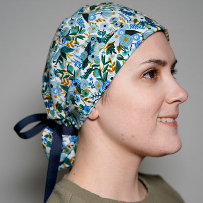 Rifle paper fabric ponytail scrub hat, petite garden party blue surgical cap, Bonnet Head Designs