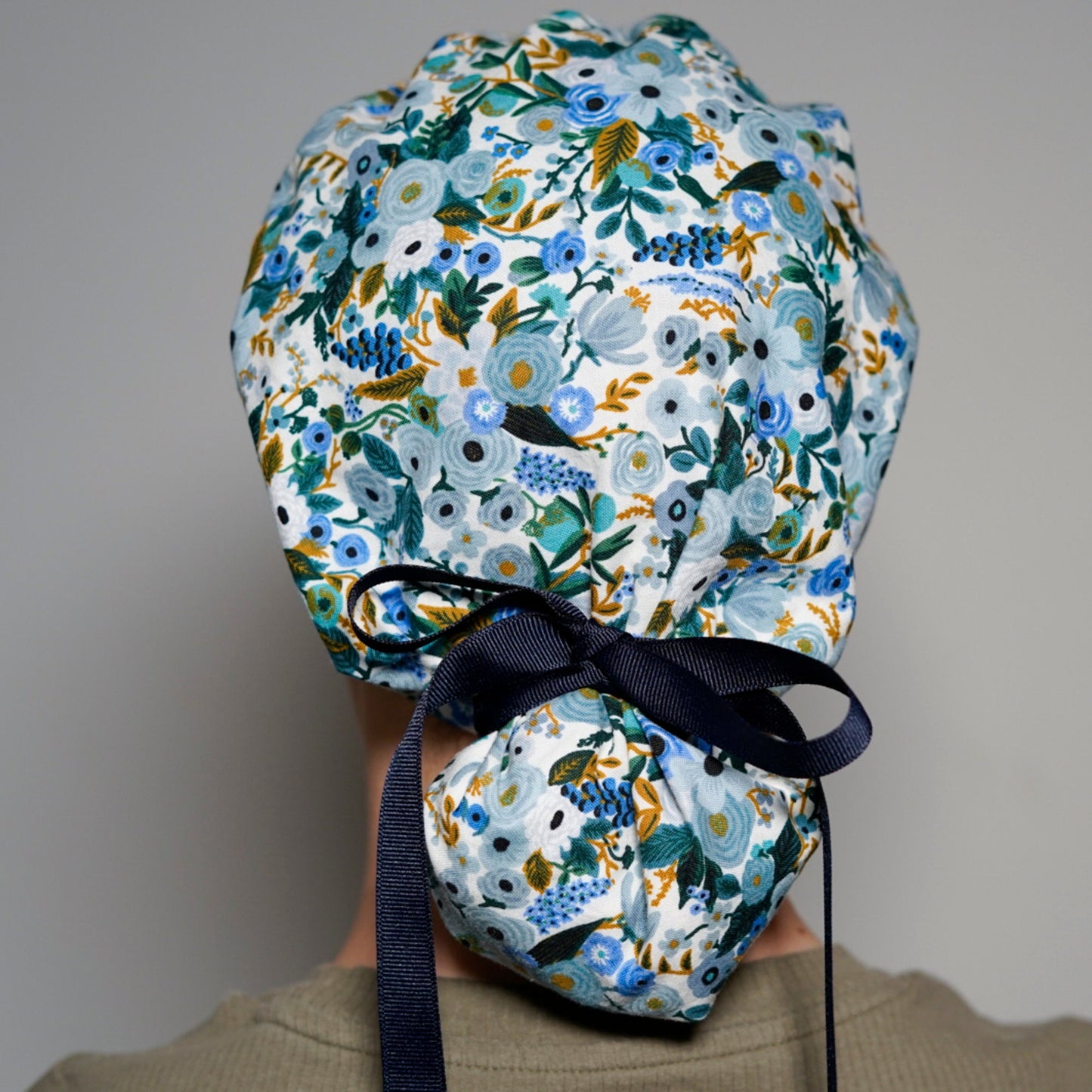 Rifle paper fabric ponytail scrub hat, petite garden party blue surgical cap, Bonnet Head Designs