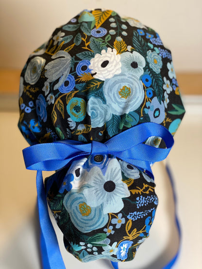 Navy garden party floral scrub hat, blue garden party surgical hat, Bonnet Head Designs