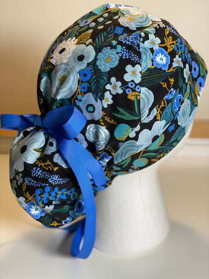 Navy garden party floral scrub hat, blue garden party surgical hat, Bonnet Head Designs