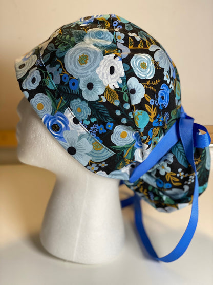 Navy garden party floral scrub hat, blue garden party surgical hat, Bonnet Head Designs